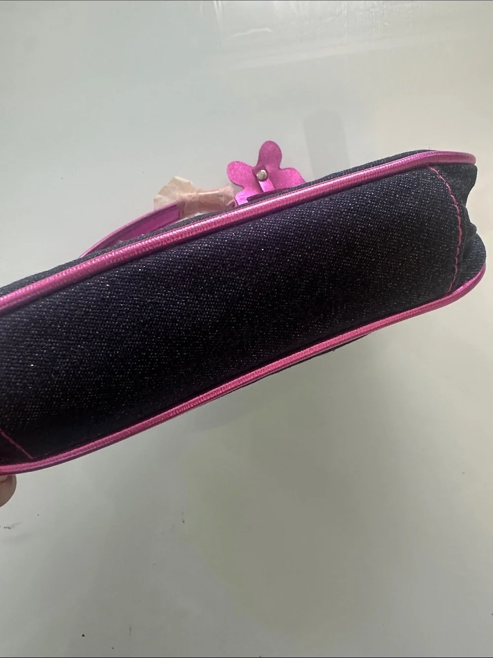 Black Denim Wristlet with Pink Butterfly & Heart Accents